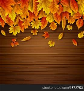 Vector illustration of Wooden background with autumn leaves falling