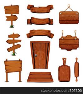 Vector illustration of wooden signboards, doors, plates and other different shapes with wood texture. Wooden board and door, signboard and wooden banner plank. Vector illustration of wooden signboards, doors, plates and other different shapes with wood texture
