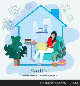 Vector illustration of Work at home. Woman works on the laptopand. Sitting on the sofa at home. Protect yourself from coronavirus and Fight Against Covid-19,