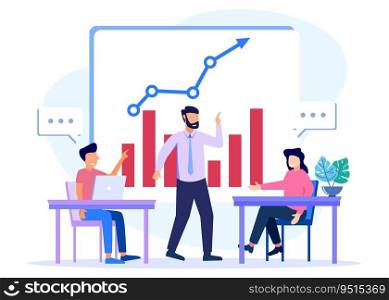 Vector illustration of work meeting, entrepreneurs having joint meetings, team thinking and brainstorming, company information analytics.
