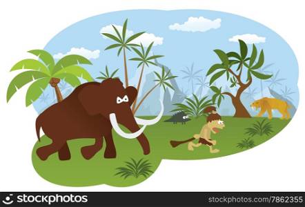 Vector illustration of world of stone age (Mammoth hunting caveman)