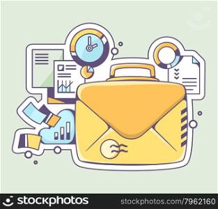 Vector illustration of yellow briefcase envelope and financial documents on color background. Hand draw line art design for web, site, advertising, banner, poster, board and print.