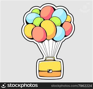 Vector illustration of yellow briefcase flying on color balloons on gray background. Hand draw line art design for web, site, advertising, banner, poster, board and print.