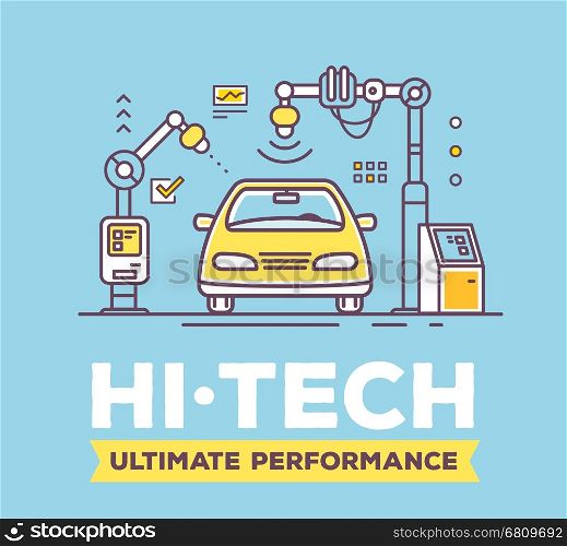 Vector illustration of yellow car high tech service with header on blue background. High quality car service and maintenance concept. Flat thin line art style design for car repair, wash, self-service station
