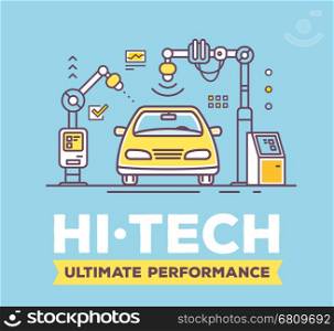 Vector illustration of yellow car high tech service with header on blue background. High quality car service and maintenance concept. Flat thin line art style design for car repair, wash, self-service station