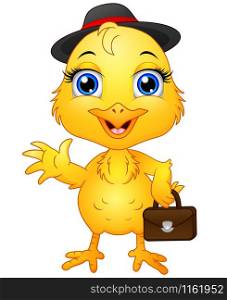 Vector illustration of Yellow chick cartoon character wearing a hat and holding small suitcase