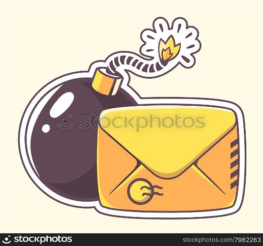 Vector illustration of yellow envelope with bomb on color background. Hand draw line art design for web, site, advertising, banner, poster, board and print.