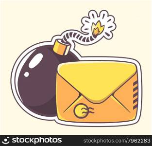 Vector illustration of yellow envelope with bomb on color background. Hand draw line art design for web, site, advertising, banner, poster, board and print.