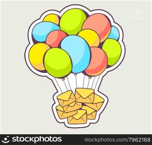 Vector illustration of yellow envelopes flying on colorful balloons on gray background. Hand draw line art design for web, site, advertising, banner, poster, board and print.