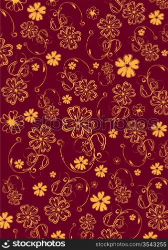 Vector illustration of yellow funky flowers abstract pattern on red background