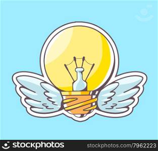 Vector illustration of yellow lightbulb with wings flying on blue background. Hand draw line art design for web, site, advertising, banner, poster, board and print.