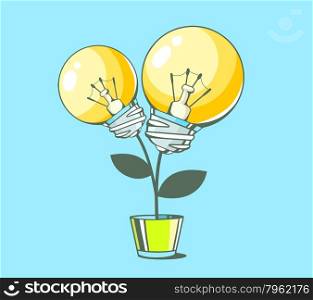 Vector illustration of yellow lightbulbs growing in pot on blue background. Hand draw line art design for web, site, advertising, banner, poster, board and print.