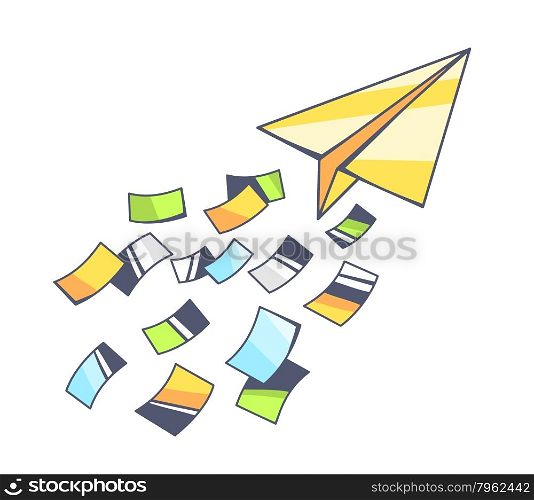 Vector illustration of yellow paper plane and flying color papers on gray background. Hand draw line art design for web, site, advertising, banner, poster, board and print.