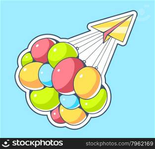 Vector illustration of yellow paper plane and flying colorful balloons on blue background. Hand draw line art design for web, site, advertising, banner, poster, board and print.