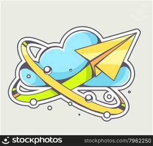 Vector illustration of yellow paper plane flying around blue cloud on color background. Hand draw line art design for web, site, advertising, banner, poster, board and print.