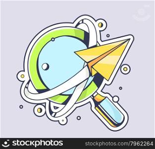 Vector illustration of yellow paper plane flying around blue magnifying glass on color background. Hand draw line art design for web, site, advertising, banner, poster, board and print.