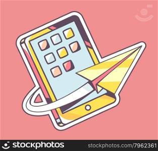 Vector illustration of yellow paper plane flying around mobile phone on red background. Hand draw line art design for web, site, advertising, banner, poster, board and print.