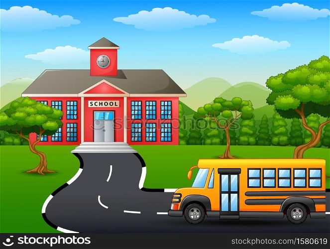 Vector illustration of Yellow school bus in front of school building