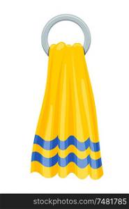 Vector illustration of yellow towels terry towels on round holder on a white background. Cartoon style. Required items of hygiene. Bath towel affiliation