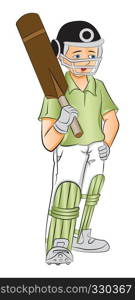 Vector illustration of young cricket batsman holding a bat, hand on hip.