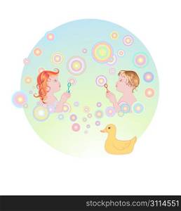 Vector illustration of Young girl and boy blowing bubbles