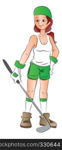 Vector illustration of young girl in sporty outfit, holding golf club.