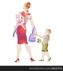 Vector illustration of young mother walking with her childrens.