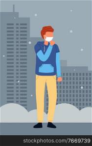 Vector illustration of young red haired man in hoodie wearing face medical mask is coughing at city background. Viral pandemic. Coronavirus 2019-ncov flu. Respiratory protection from virus pandemia. Vector illustration of red haired guy wear face medical mask is coughing at city background