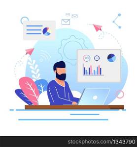 Vector Illustration Office Work Cartoon Flat. Bearded Man Sitting at Table and Working Laptop. Brainstorming Graphs and Tables. Guy Works Comfortable Space. Corporate Culture in Workplace.