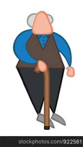 Vector illustration old man standing with walking stick. Hand drawn. Colored outlines.
