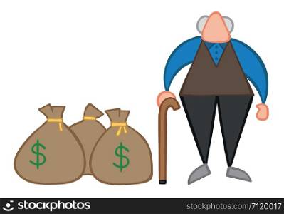 Vector illustration old man with dollar money sacks. Hand drawn. Colored outlines.