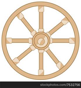 Vector illustration old travell about from tree. Old wooden wheel on white background is insulated