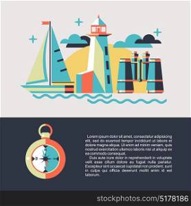 Vector illustration on the marine theme. The sailboat, the binoculars, the lighthouse, the compass.