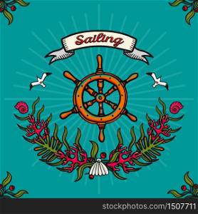 Vector illustration on the theme of sea travel and sailing. Hand-drawn vector images on a blue background. Vector illustration on the theme of sea travel and sailing