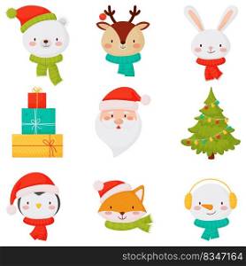 Vector illustration on white background. Christmas icons with cute little animals Santa gift and Christmas tree