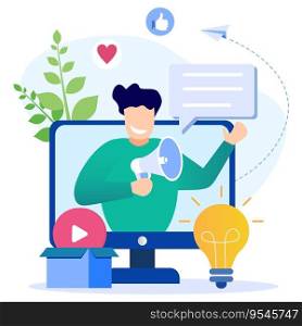 Vector illustration on white background content creator concept. Freelancer with bright idea social media or online.