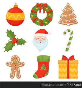 Vector illustration on white background.. Set of Christmas icons in cartoon style.