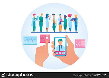 Vector Illustration Online Consultation Doctor. Image Group Doctor Stand in Row. Hand Holding Mobile Phone, Smartphone Screen Doctor Examining Cardiovascular Indicators Examination.