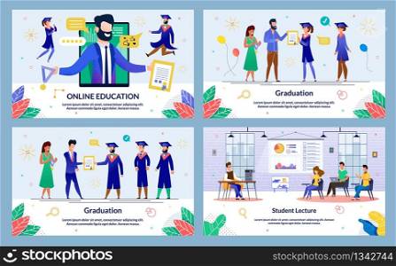 Vector Illustration Online Education, Graduation. Set Student Lecture. Administration Institution Solemnly Presents Diploma and Medal to Graduate Students. Students Listen to Lecturer.