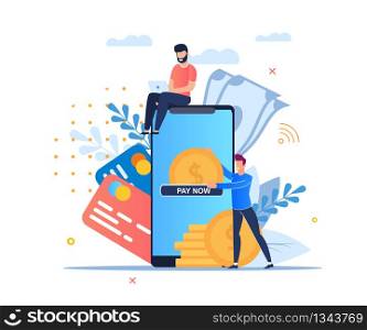 Vector Illustration Online Payment Cartoon Flat. Online Application for Online Payment Via Mobile Phone. Guy Sits on Top Smartphone Credit Card Background. Security Service Ecommerce.