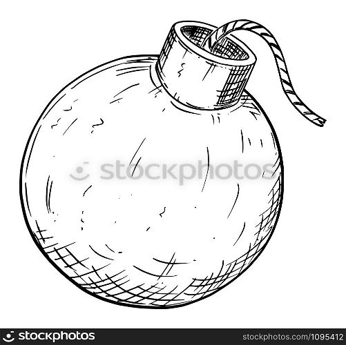 Vector illustration or drawing of bomb with fuse.. Vector Cartoon Drawing of Medieval or Bomb with Fuse
