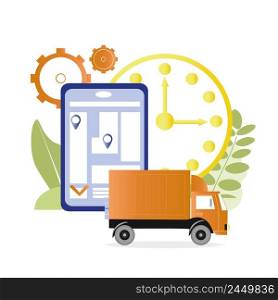 Vector  Illustration or icon on the theme of logistics, delivery of large cargo and building materials, cargo truck, map and clock 