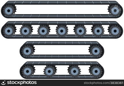 Vector illustration pack of four types of conveyor belt tracks with wheels.&#xA;