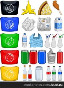 Vector illustration pack of organic paper plastic aluminium and glass items for recycling.&#xA;