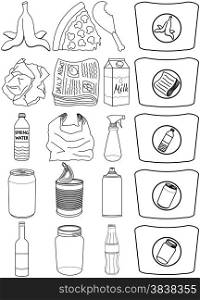 Vector illustration pack of organic paper plastic aluminium and glass items for recycling.&#xA;