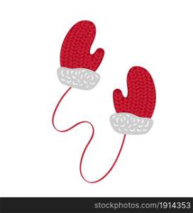 Vector illustration pair of knitted christmas red knitted santa mittens on white background. Winter greeting card.. Vector illustration pair of knitted christmas red knitted santa mittens on white background. Winter greeting card