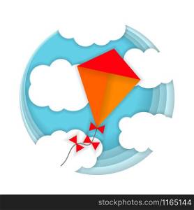 vector illustration. Paper art carving of a kite in the blue sky and clouds. World Kite Day.. vector illustration. Paper art carving of a kite in the blue sky
