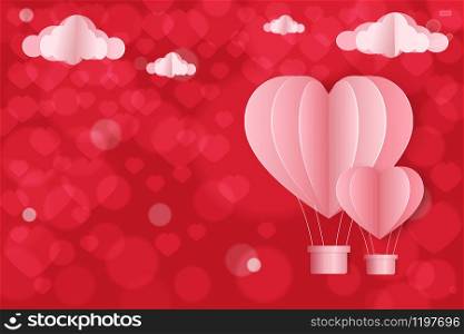 Vector illustration, Paper art of Valentine invitation or greeting card with hot air balloons heart flying with blurry bokeh on red background, copy space for text, Valentine's day concept