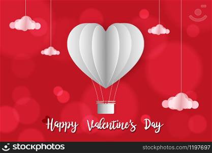 Vector illustration, Paper art of Valentine invitation or greeting card with hot air balloons heart flying with blurry bokeh on red background, Valentine's day concept