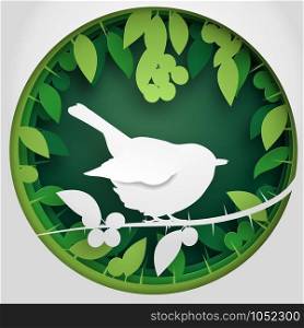 Vector illustration Paper box of shadow to bird on Blackthorn tree branch. Concept paper cut origami design.. Paper box of shadow to bird on Blackthorn tree branch, vector illustration.